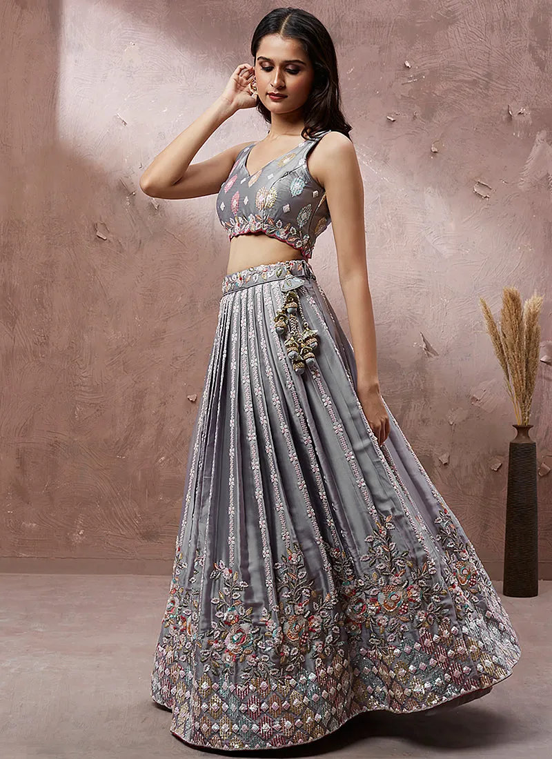 Grey Multi Embroidery Wedding Lehenga Choli