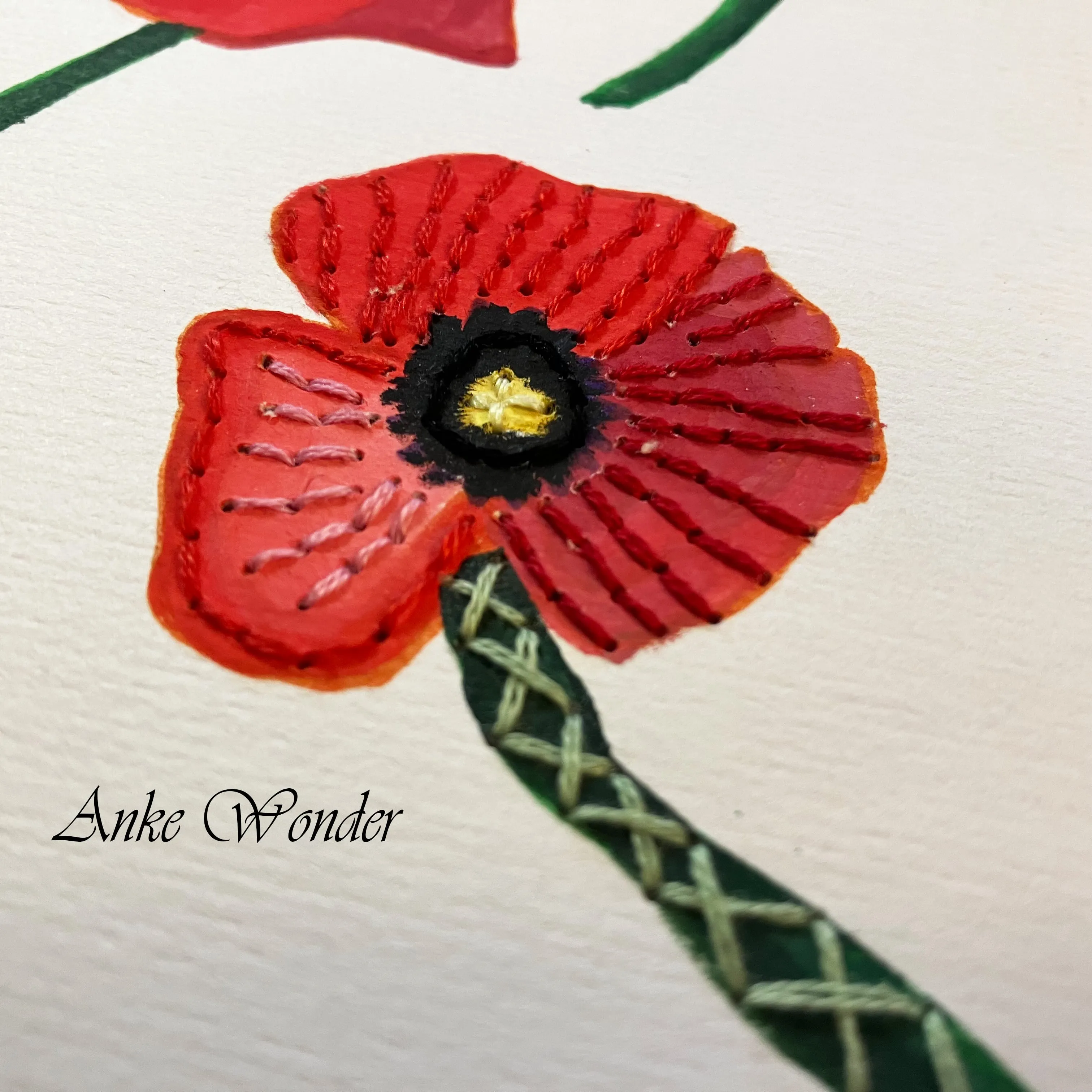 Hand-Embroidered Poppy Flowers Painting - Original