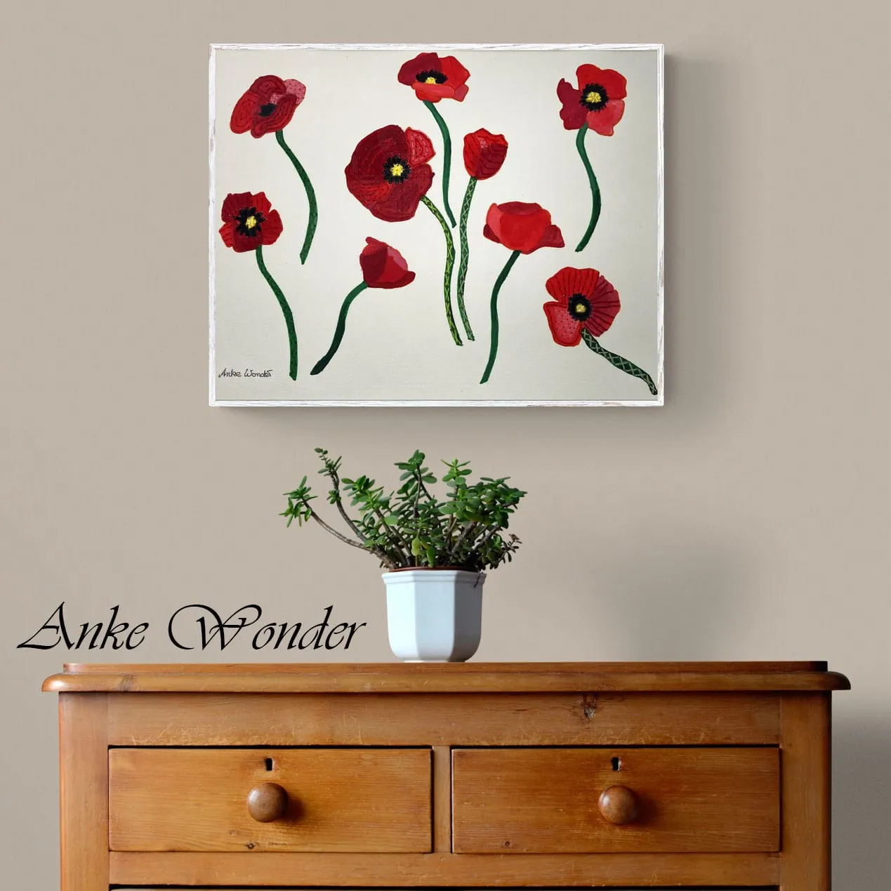 Hand-Embroidered Poppy Flowers Painting - Original