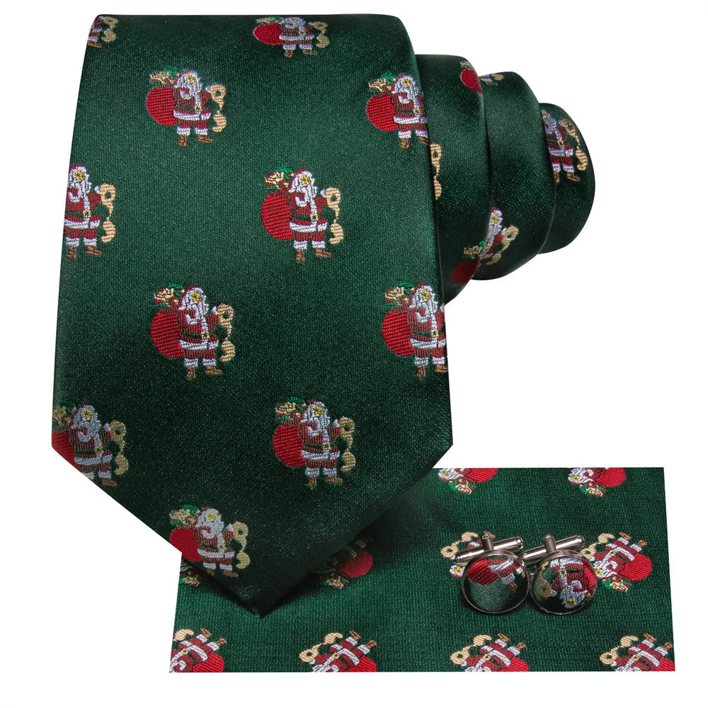 Hi-Tie Green Red Santa Claus Christmas Silk Necktie Pocket Square Cufflinks Set