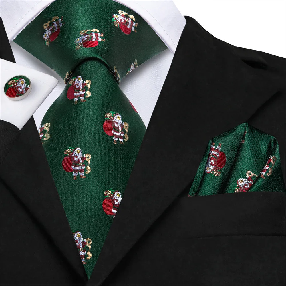 Hi-Tie Green Red Santa Claus Christmas Silk Necktie Pocket Square Cufflinks Set