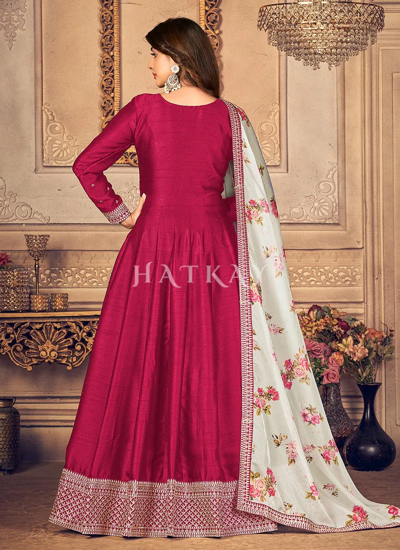 Hot Pink Embroidered Silk Anarkali Suit