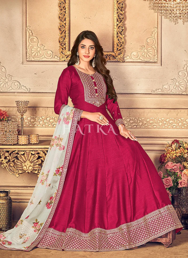 Hot Pink Embroidered Silk Anarkali Suit