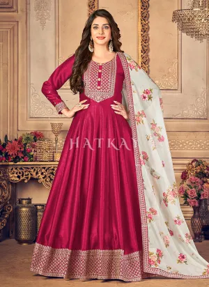 Hot Pink Embroidered Silk Anarkali Suit