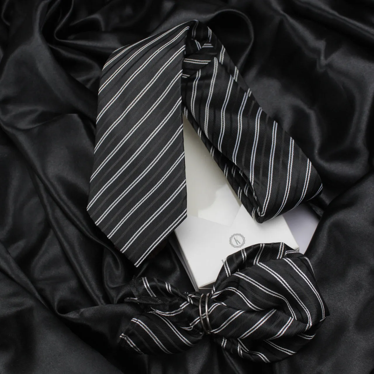 Kovove The Black Treat Striped Necktie and Pocket Square Gift Box