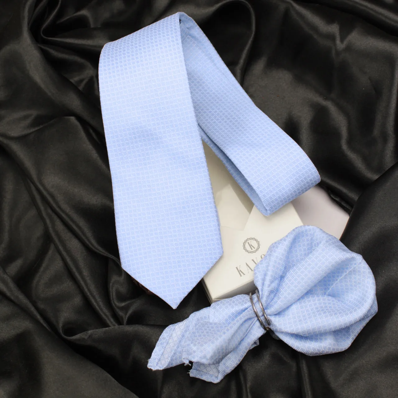 Kovove The Essentials Checkered Sky Blue Necktie and Pocket Square Gift Box