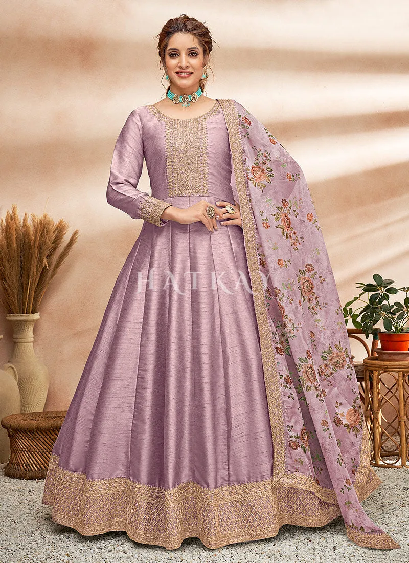 Lavender Embroidered Silk Anarkali Suit