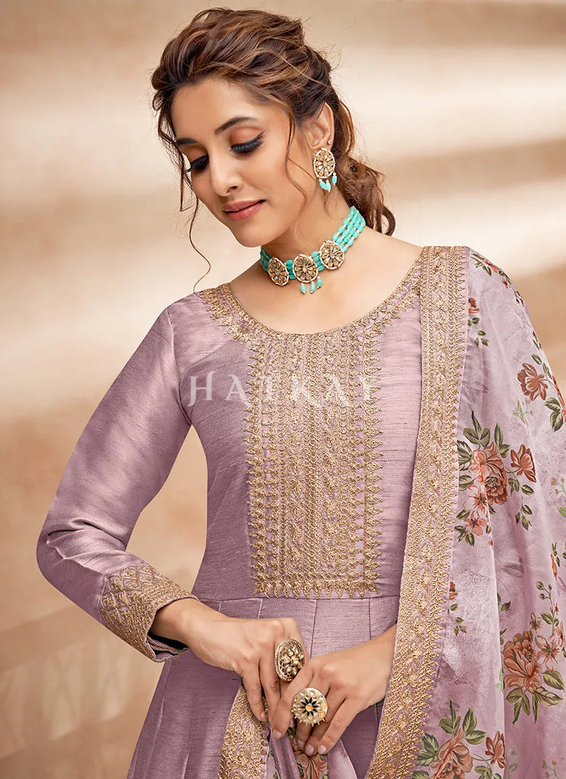 Lavender Embroidered Silk Anarkali Suit