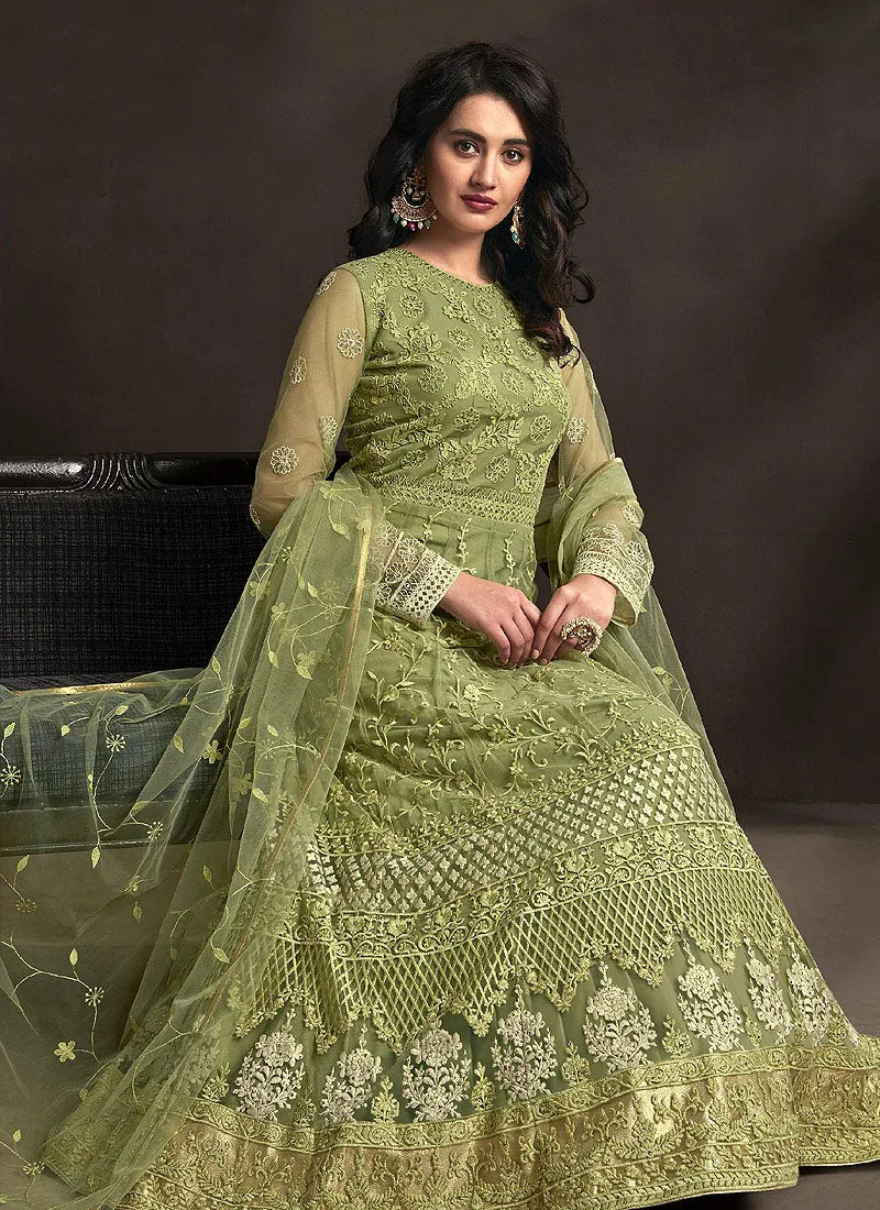 Light Green Designer Embroidered Anarkali Suit