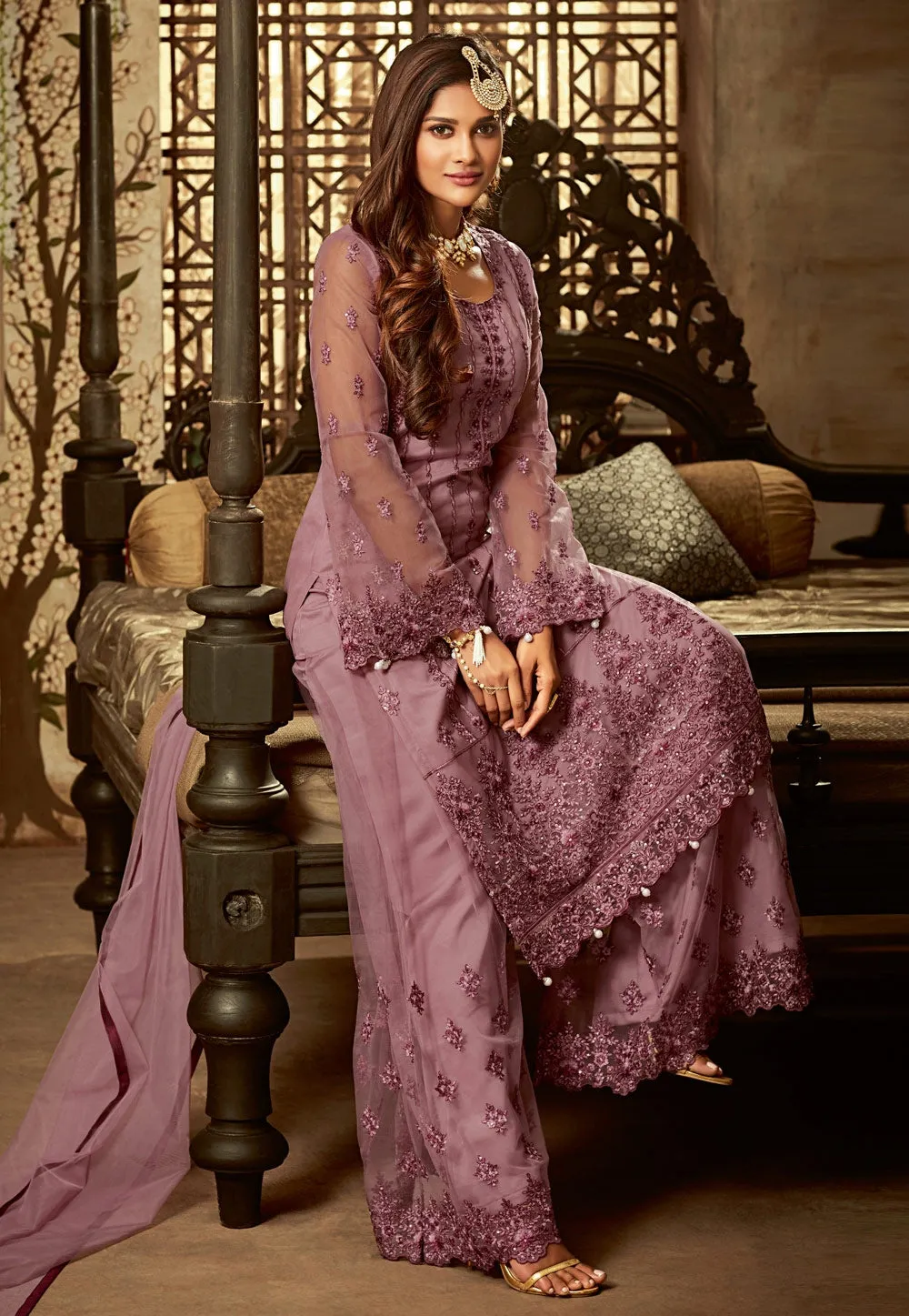 Lilac Purple Embroidered Palazzo Suit