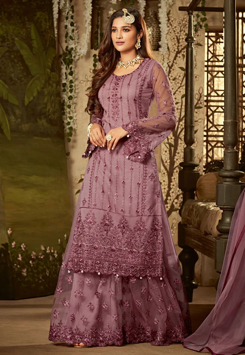 Lilac Purple Embroidered Palazzo Suit