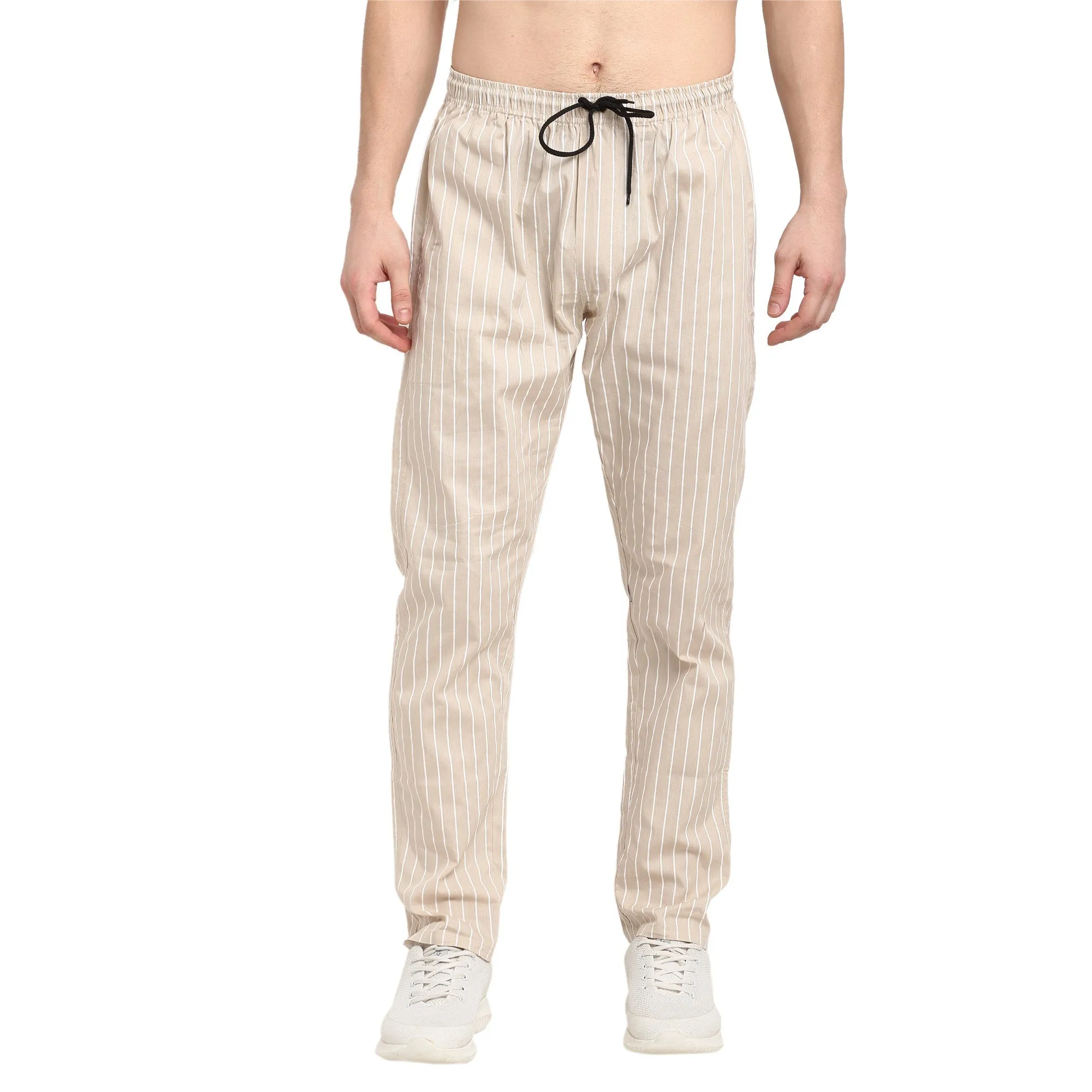 Men's Beige Cotton Striped Track Pants ( JOG 020Cream ) - Jainish