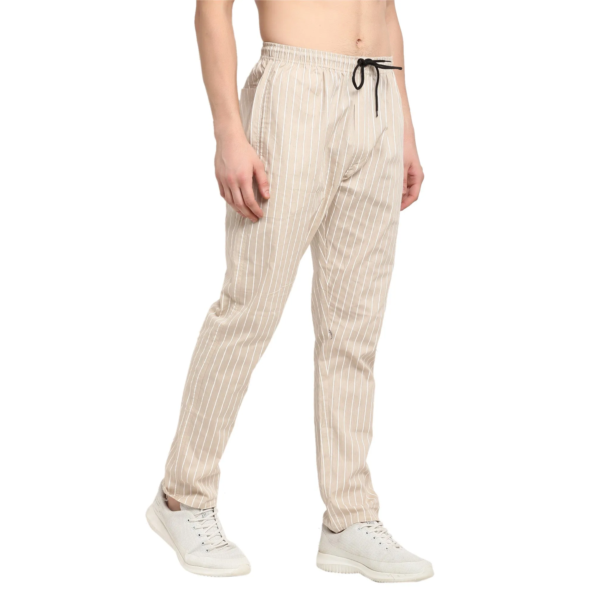 Men's Beige Cotton Striped Track Pants ( JOG 020Cream ) - Jainish