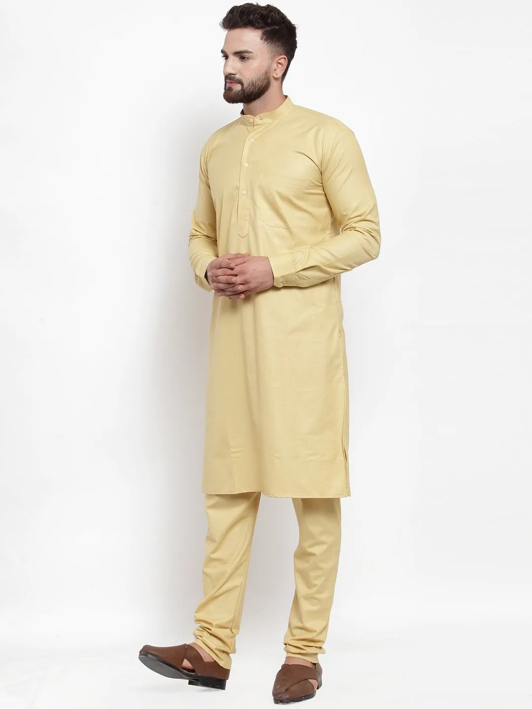 Men's Beige Solid Kurta with Churidar ( JOKP 592 Beige ) - Virat Fashions