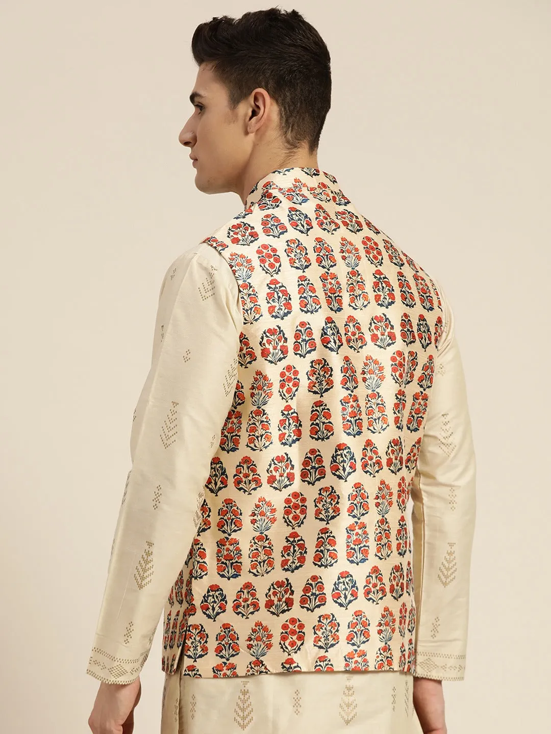 Men's Silk Blend Beige Printed Only Nehrujacket - Sojanya