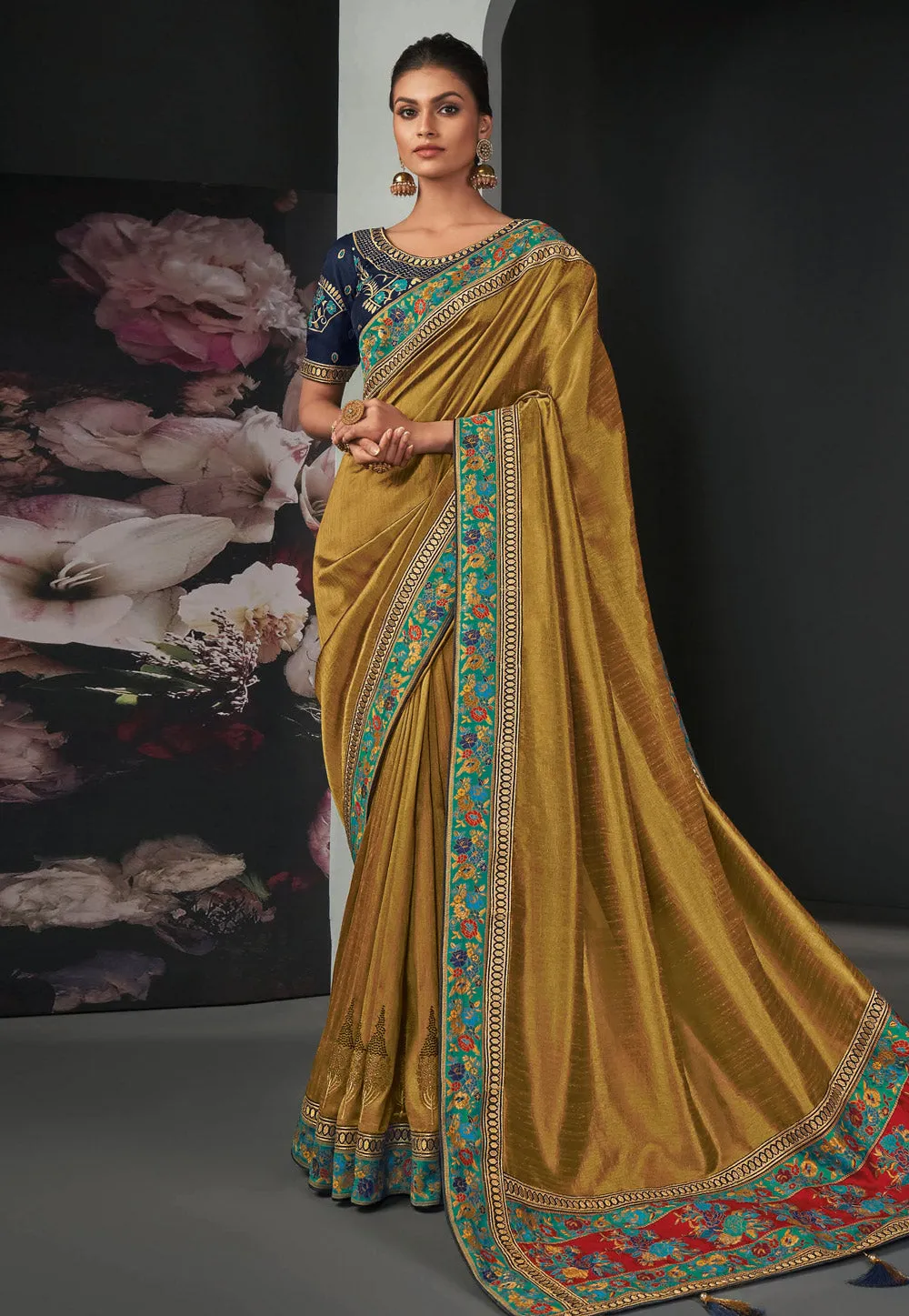 Mustard And Blue Multi Embroidered Silk Saree