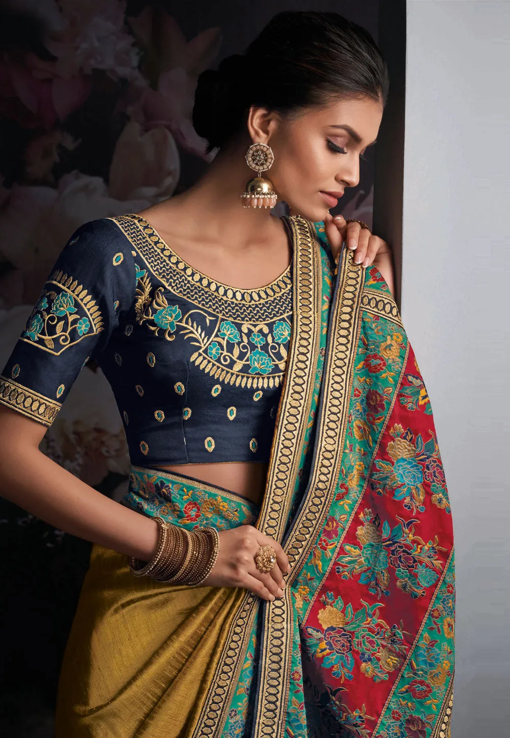 Mustard And Blue Multi Embroidered Silk Saree