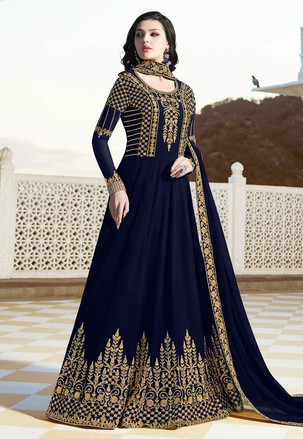 Navy Blue Elegant Embroidered Anarkali Suit