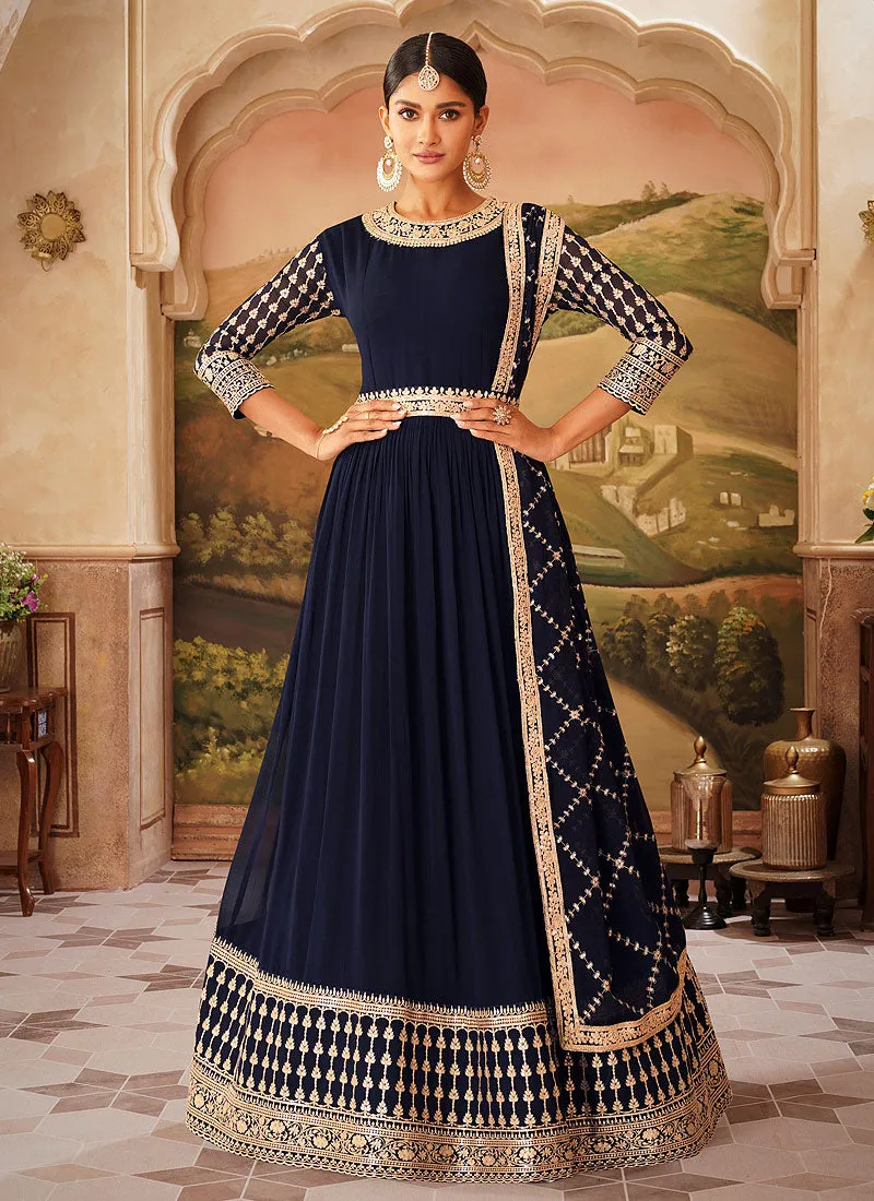 Navy Blue Zari Embroidered Belt Style Anarkali Suit