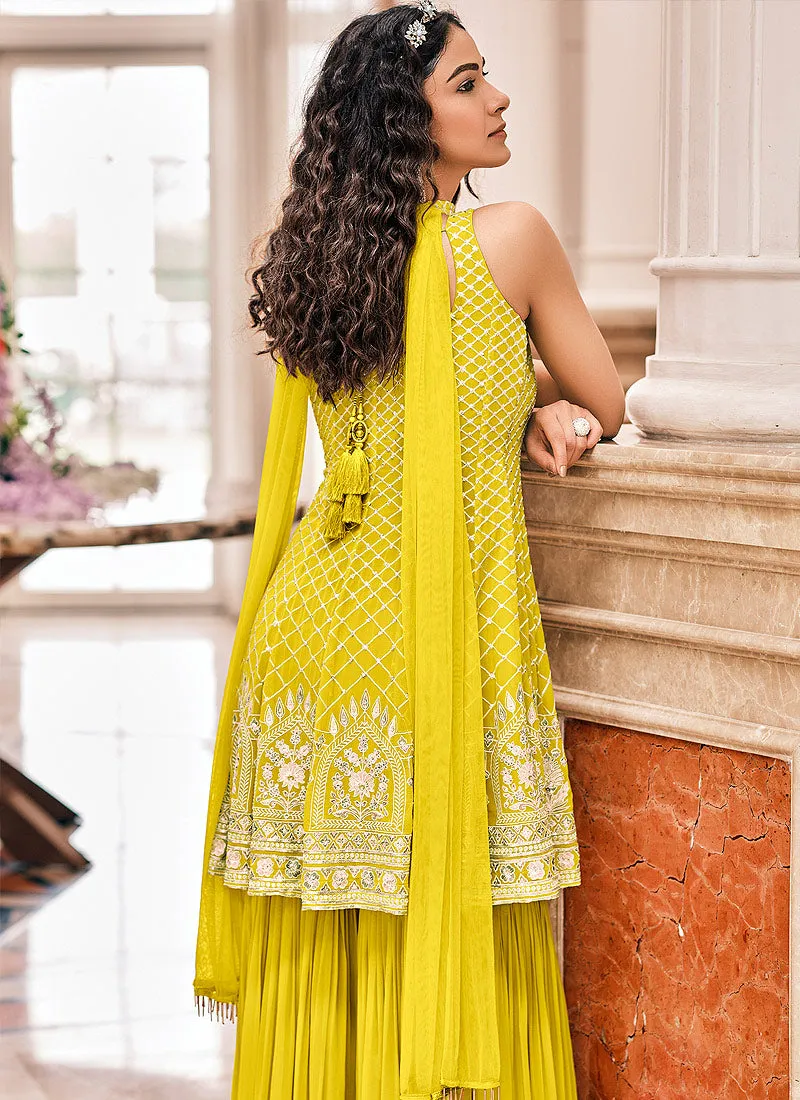 Neon Yellow Dori Work Embroidered Designer Gharara Suit