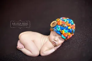 Newborn Merino Button Hat Aqua Blue Orange Brown