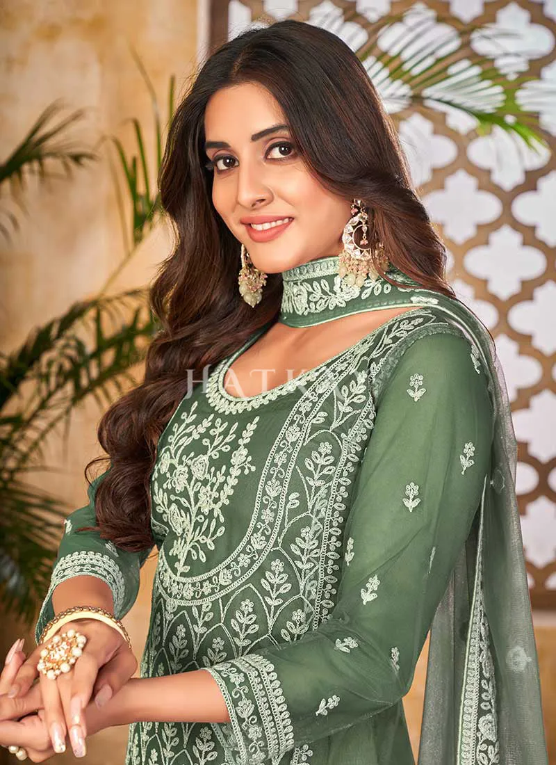 Pastel Green Embroidered Designer Palazzo Suit