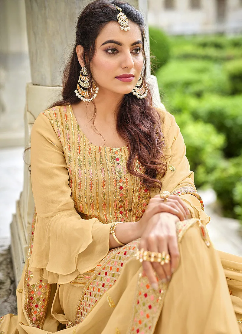 Pastel Yellow Embroidered Designer Gharara Style Suit