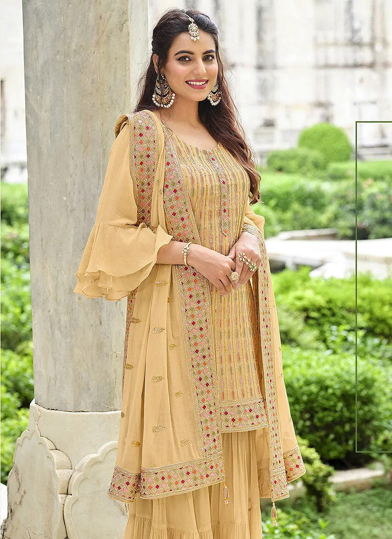 Pastel Yellow Embroidered Designer Gharara Style Suit