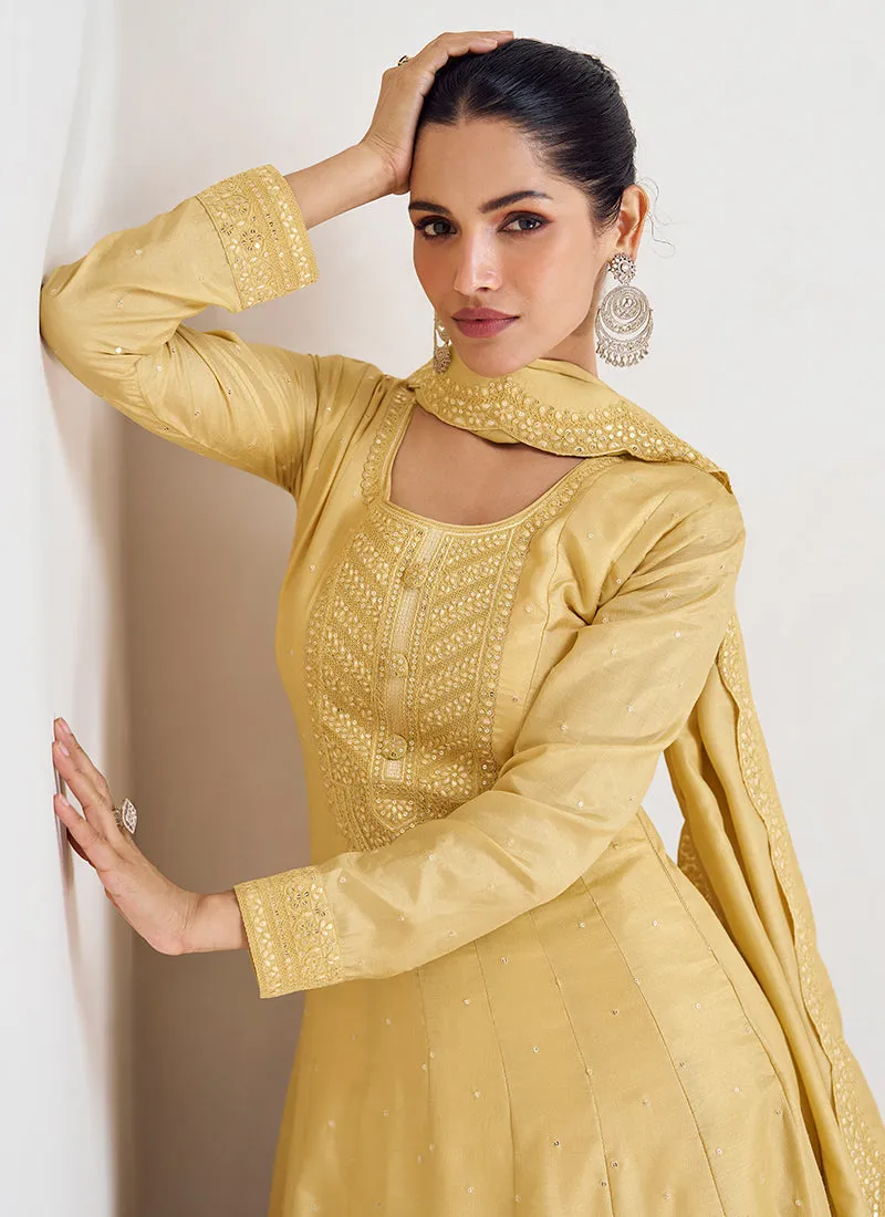 Pastel Yellow Sequence Embroidery Wedding Anarkali Gown