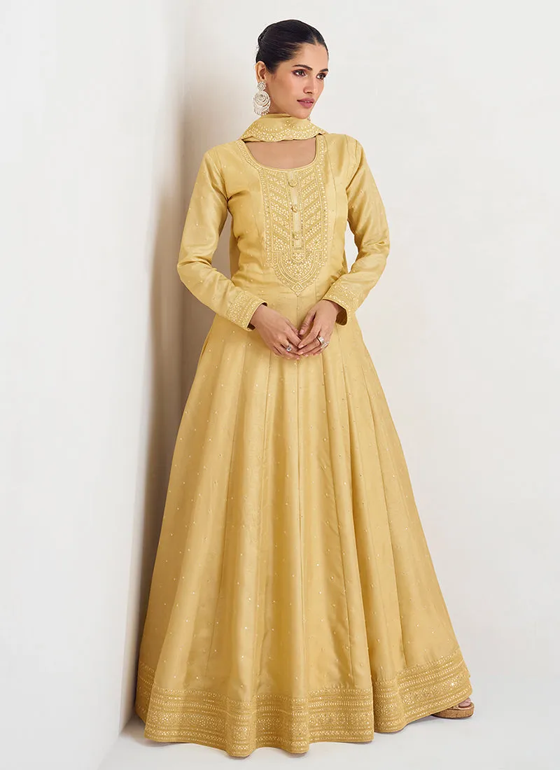 Pastel Yellow Sequence Embroidery Wedding Anarkali Gown