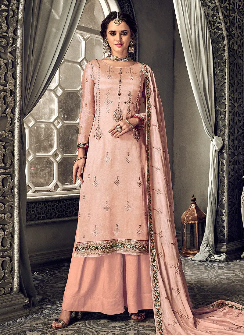 Peach Embroidered Designer Palazzo Suit