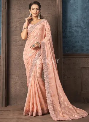 Peach Mirror Work Embroidery Party Wear Saree