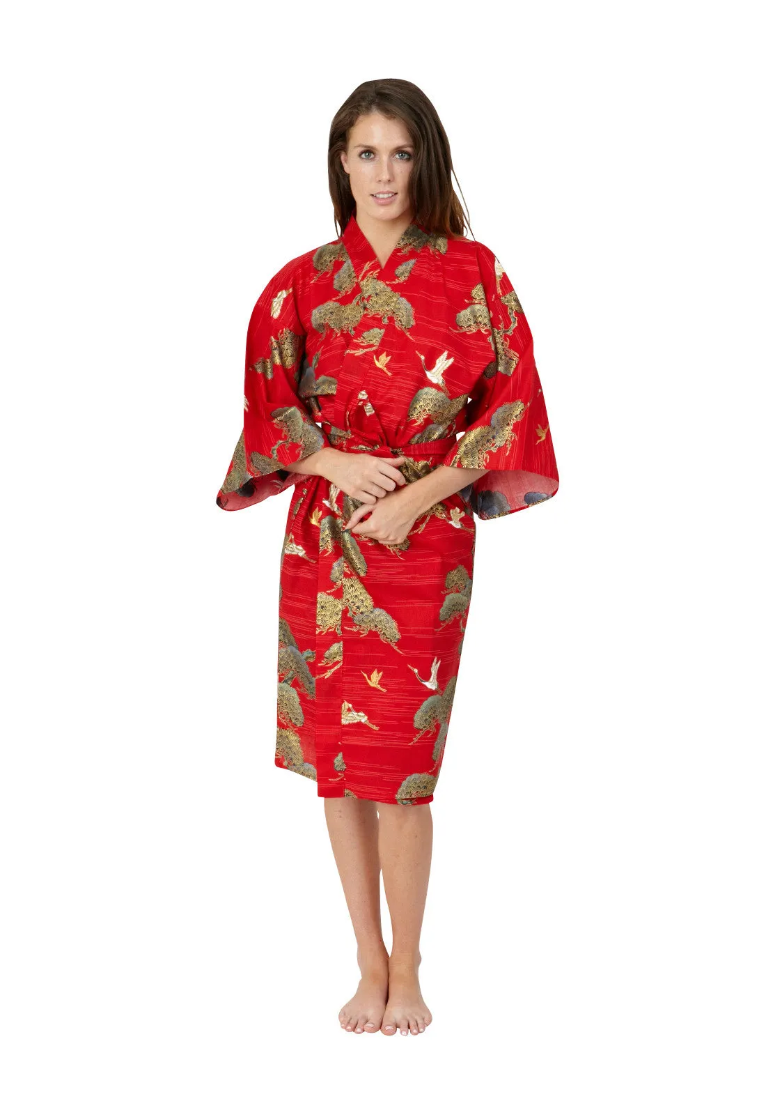 Pines & Cranes Womens Short Cotton Kimono