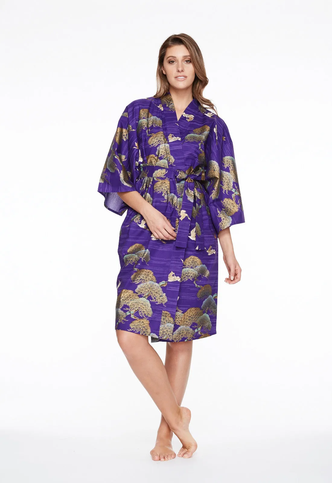 Pines & Cranes Womens Short Cotton Kimono