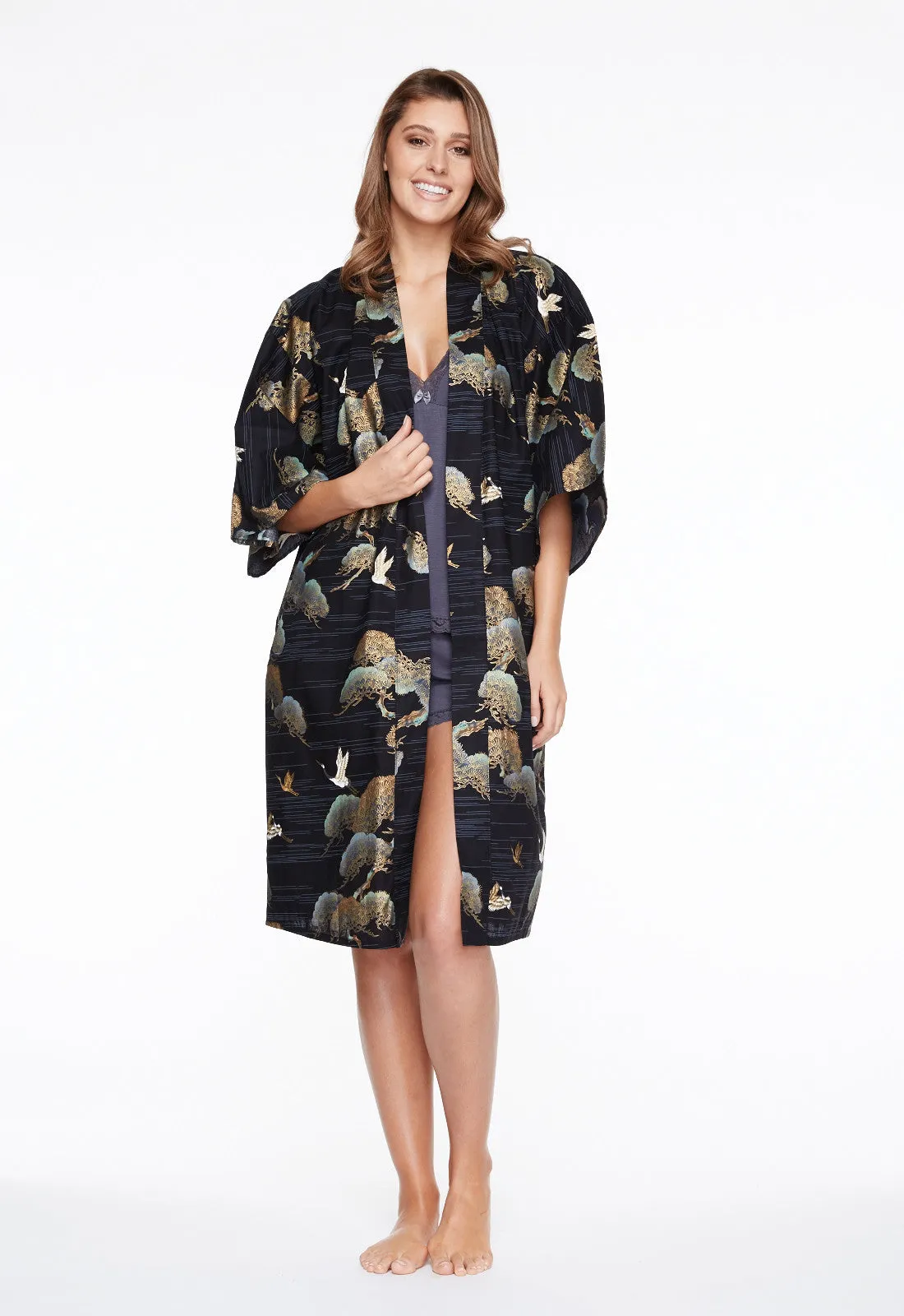 Pines & Cranes Womens Short Cotton Kimono