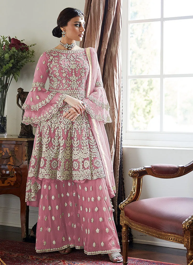 Pink Beige Multi Embroidered Designer Gharara Suit