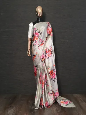 Pista Color Japan Satin Silk Floral Printed Saree