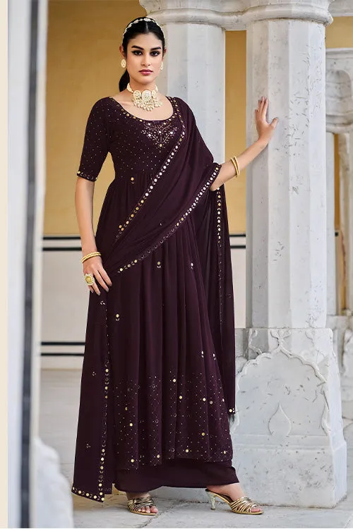 Purple Georgette Embroidered Work Kurta Palazzo Dupatta Set