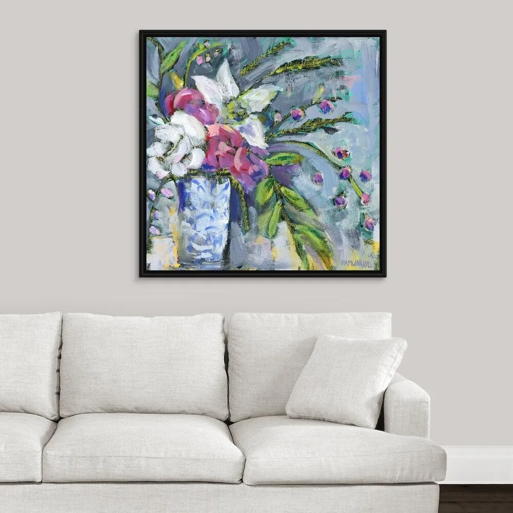 "Blue and White Vase lavender" Black Float Frame Canvas Art