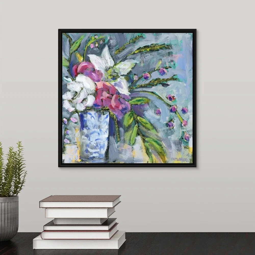 "Blue and White Vase lavender" Black Float Frame Canvas Art