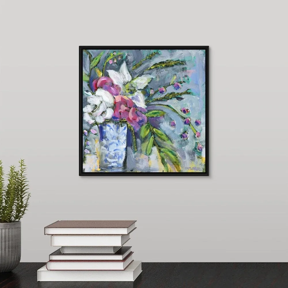 "Blue and White Vase lavender" Black Float Frame Canvas Art