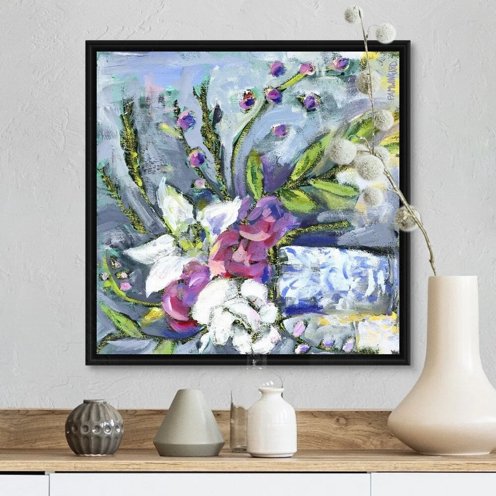 "Blue and White Vase lavender" Black Float Frame Canvas Art