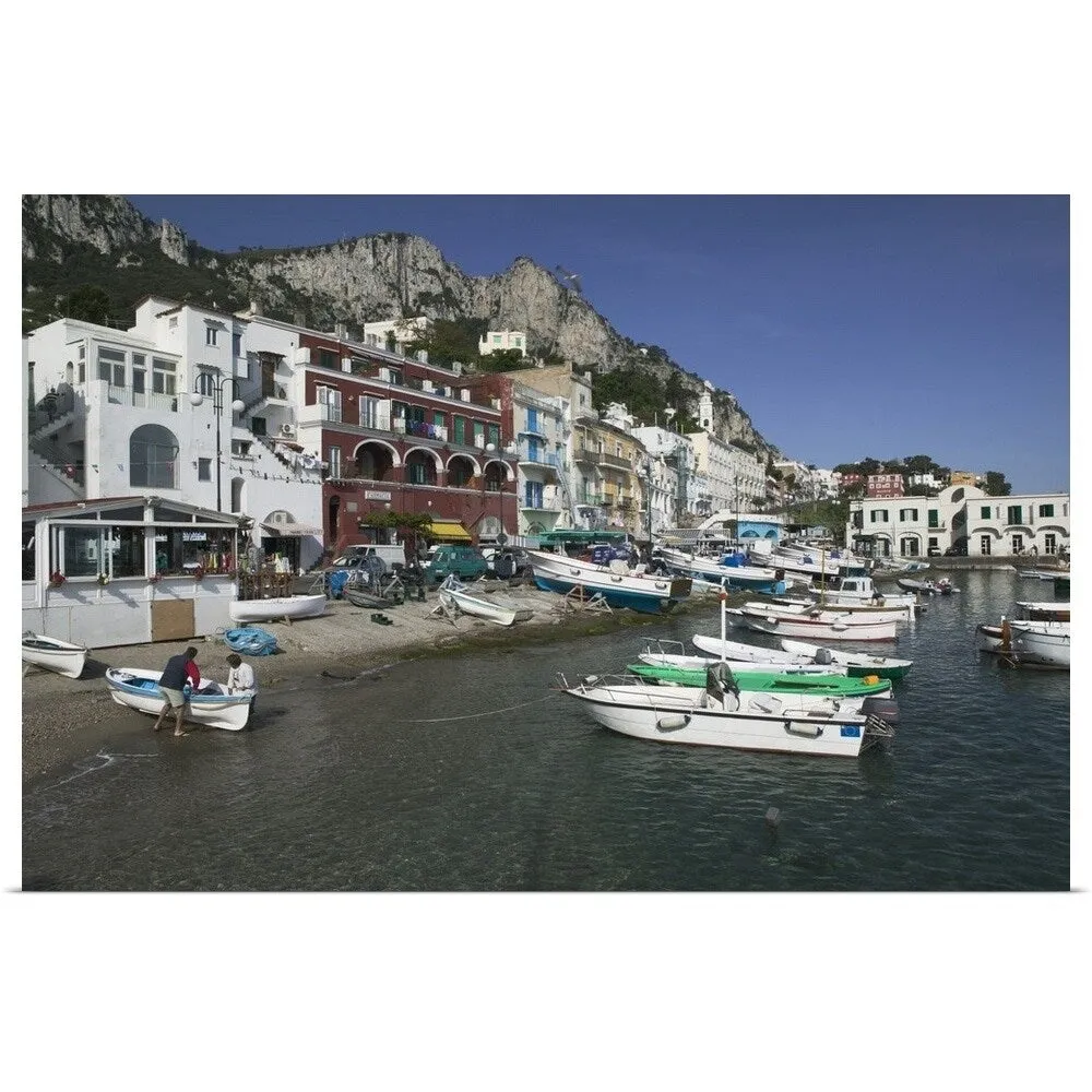 "Boats moored at a port, Capri, Naples, Campania, Italy" Poster Print