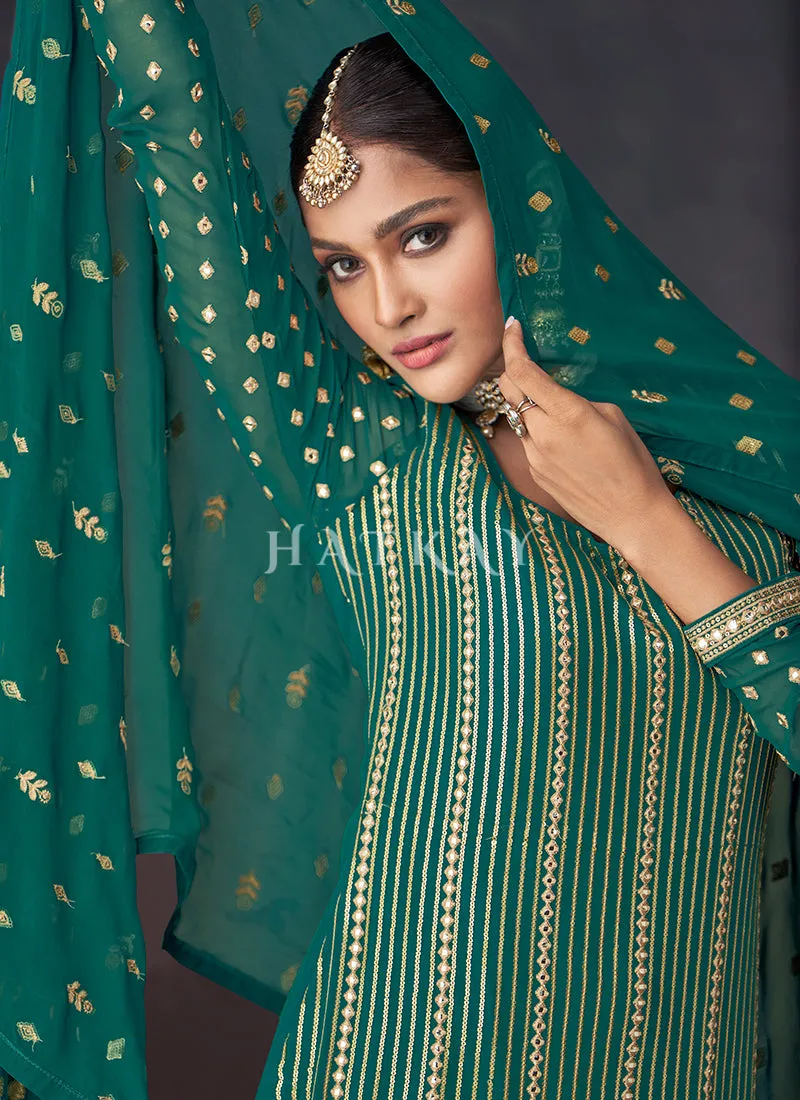 Sea Green Golden Embroidered Sharara Style Suit