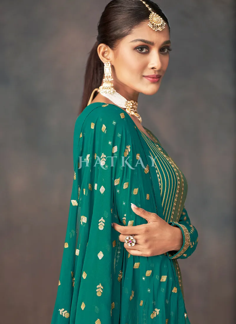 Sea Green Golden Embroidered Sharara Style Suit