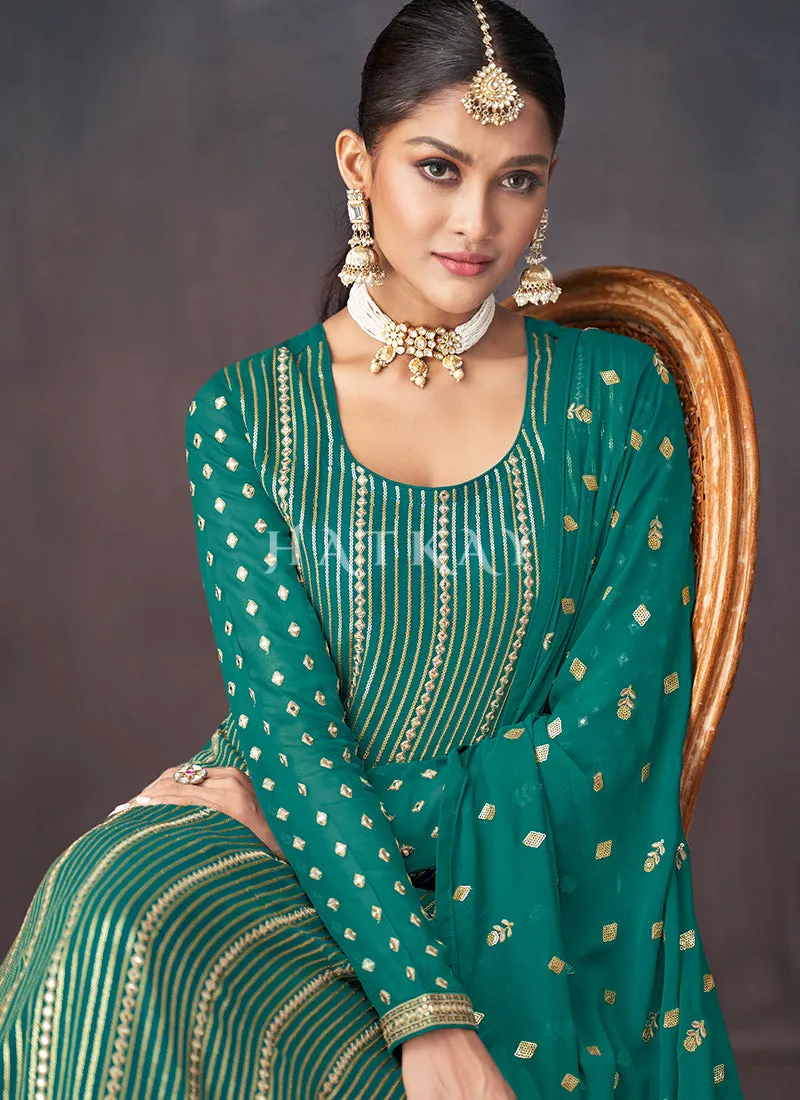 Sea Green Golden Embroidered Sharara Style Suit