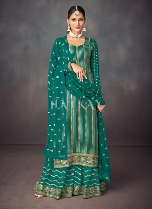 Sea Green Golden Embroidered Sharara Style Suit