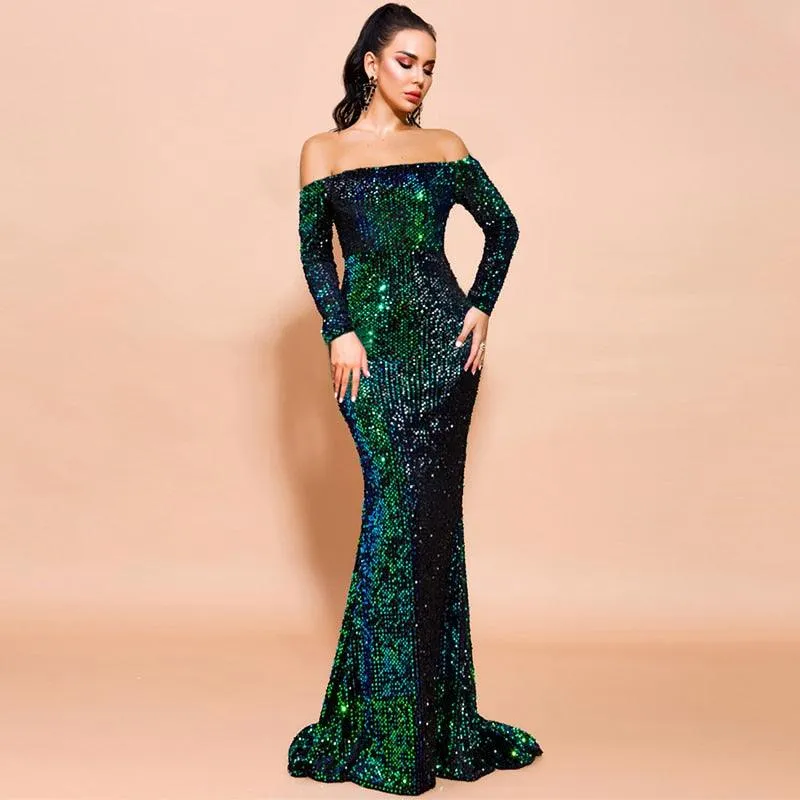 Shoulder Split Mermaid Sequins Dress