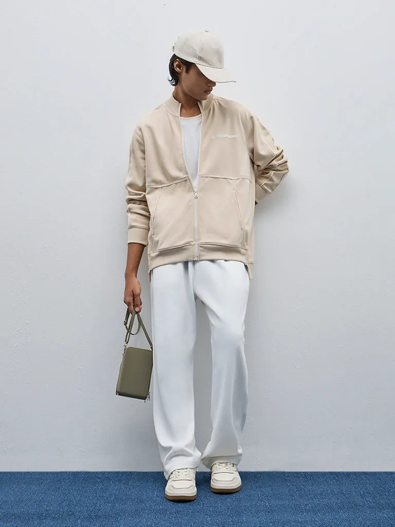 Studiofit Beige Text Design Relaxed-Fit Jacket