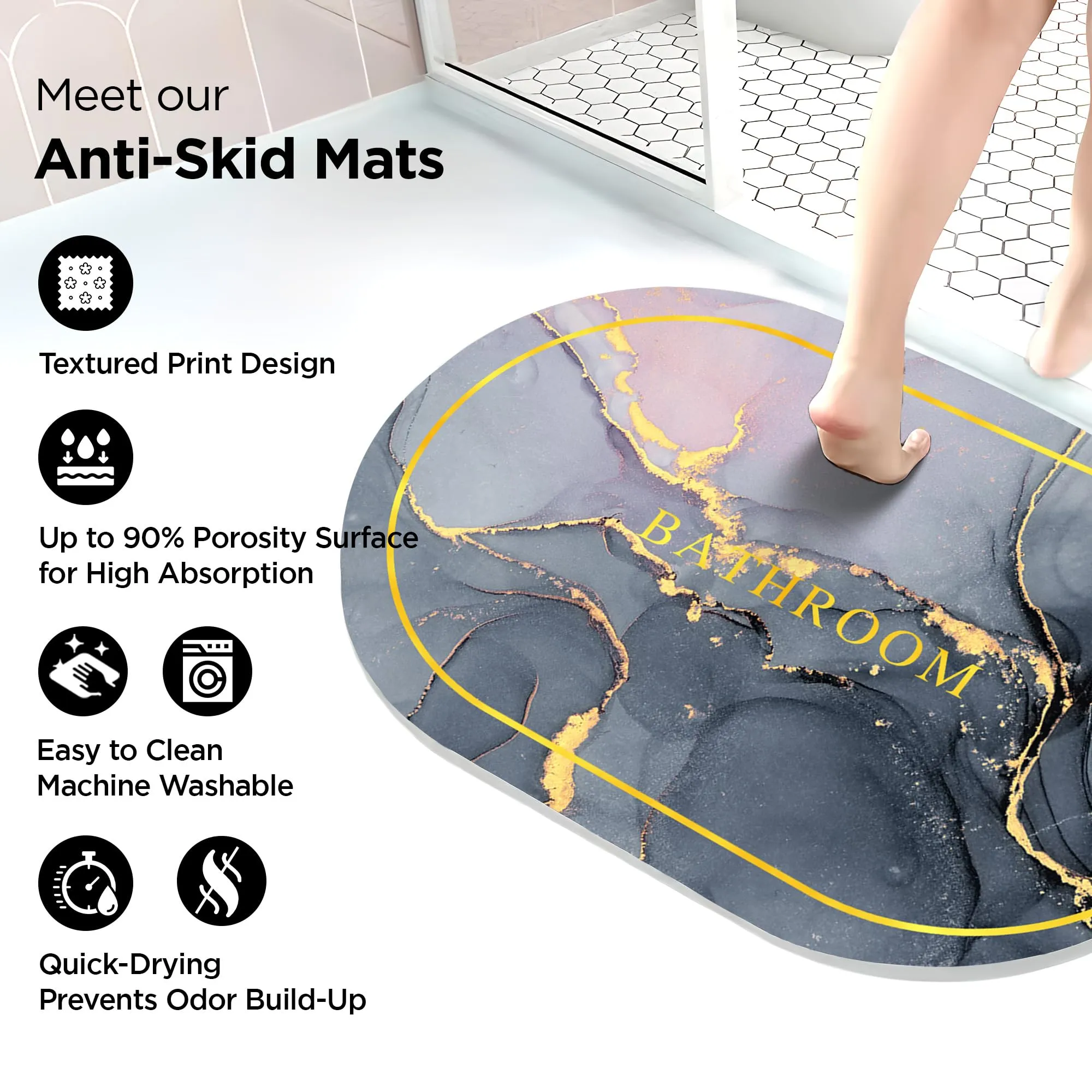 UMAI Polyester Rubber Bathroom Mat (40 * 60cm) Bath Mat | Anti Skid Mat for Bathroom Floor | Bathroom Accessories | Bathroom Mats Water Soak | Non Slip Mat for Bathroom | Floor Mat-Grey